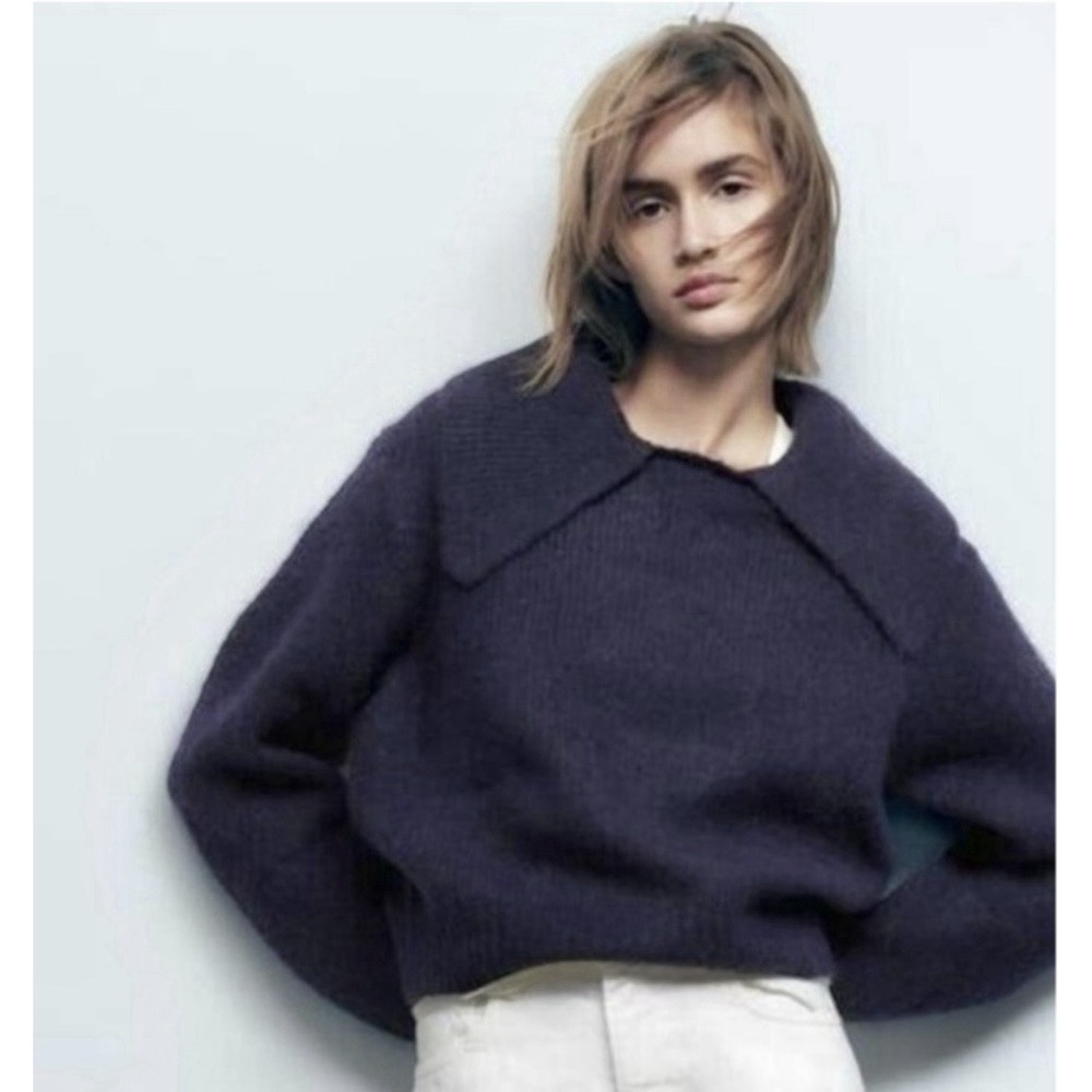 Zara Alpaca Wool Blend Collar Relaxed Fit Sweater Navy Blue Size S